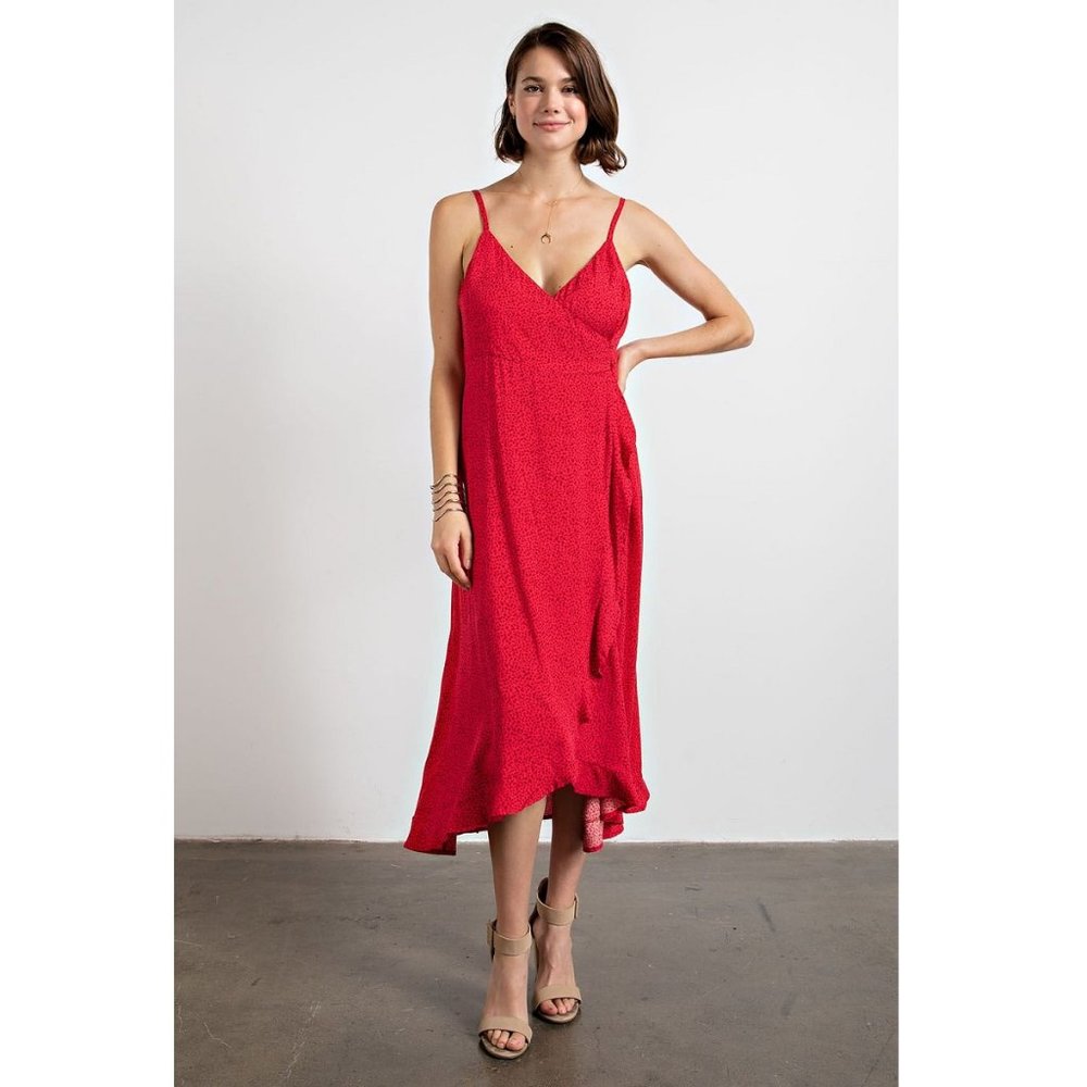 Spaghetti Strap Wrap Dress Adjustable Strap Ruffle Hem Maxi - Raspberry Red - Picture 5 of 11